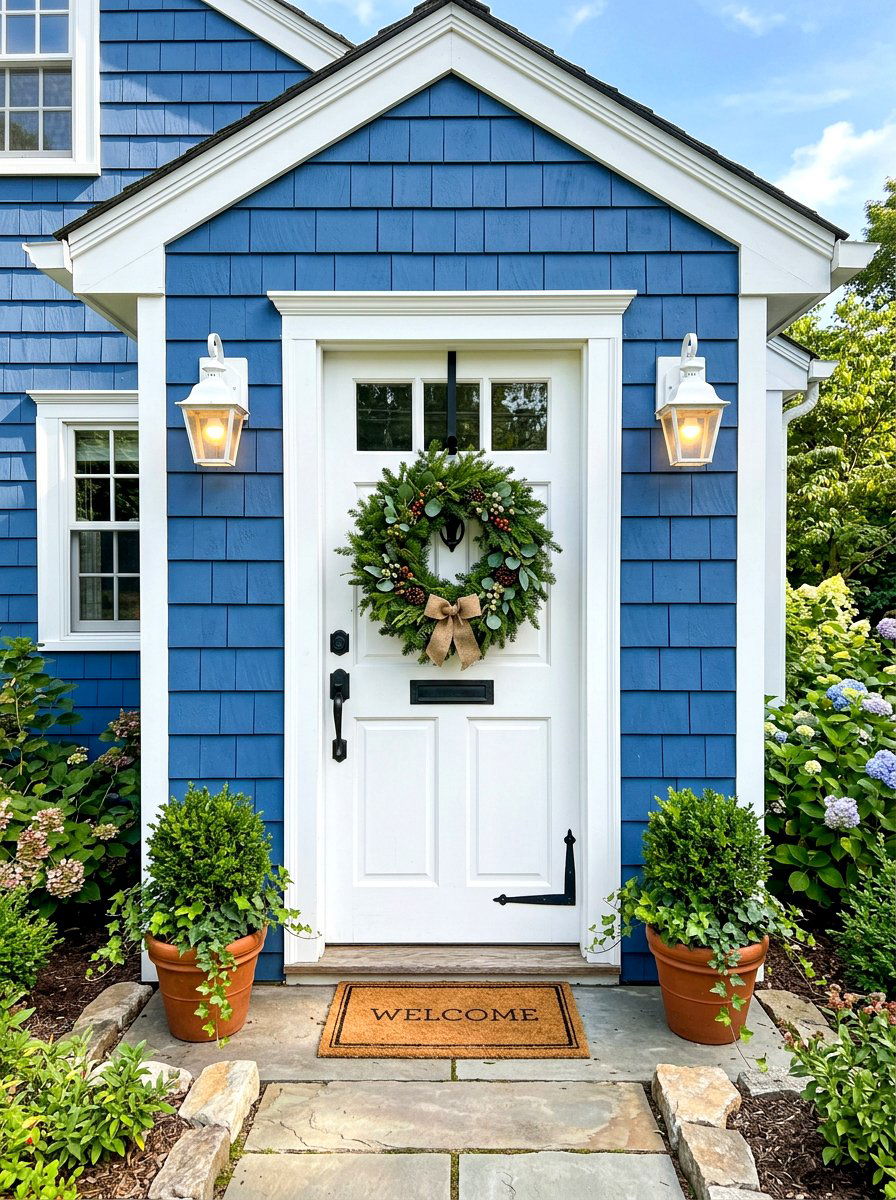White Cottage Door With Wreath - 30 cottage front door ideas