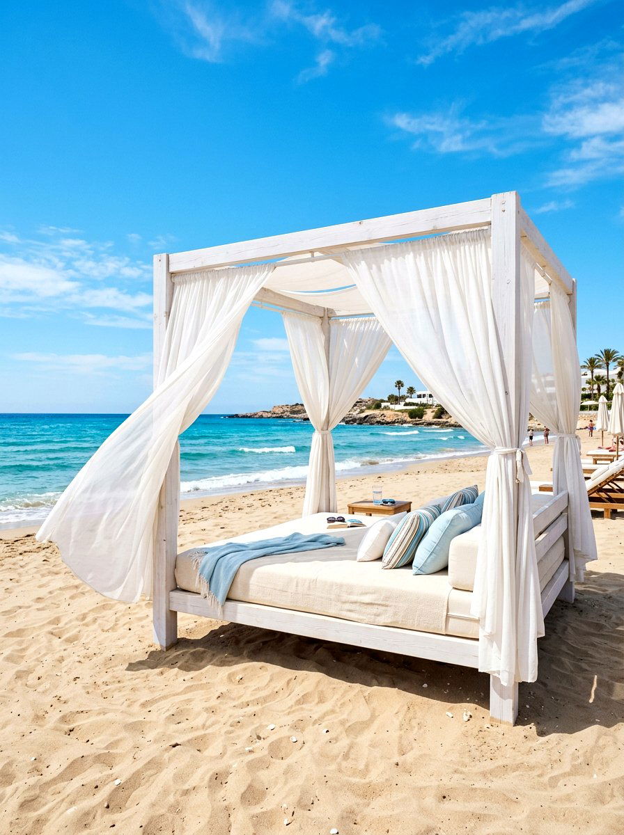 White Curtain Cabana - 30 cabana bed patio ideas