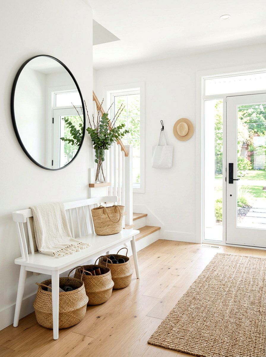 White Entryway Bench - 30 layered neutral decor ideas