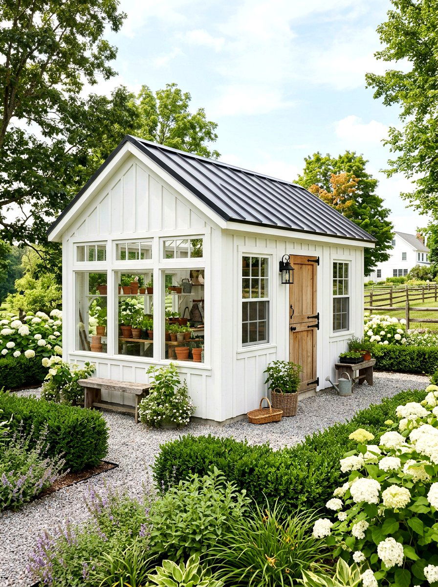 White Farmhouse Greenhouse Shed - 30 greenhouse shed combo ideas