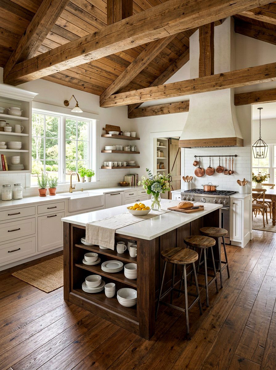 White Farmhouse Kitchen With Wood Beams - 30 white and wood kitchen ideas