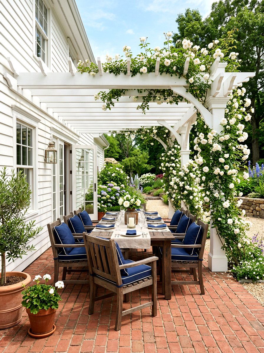 White Farmhouse Patio Pergola - 30 backyard dining pergola ideas