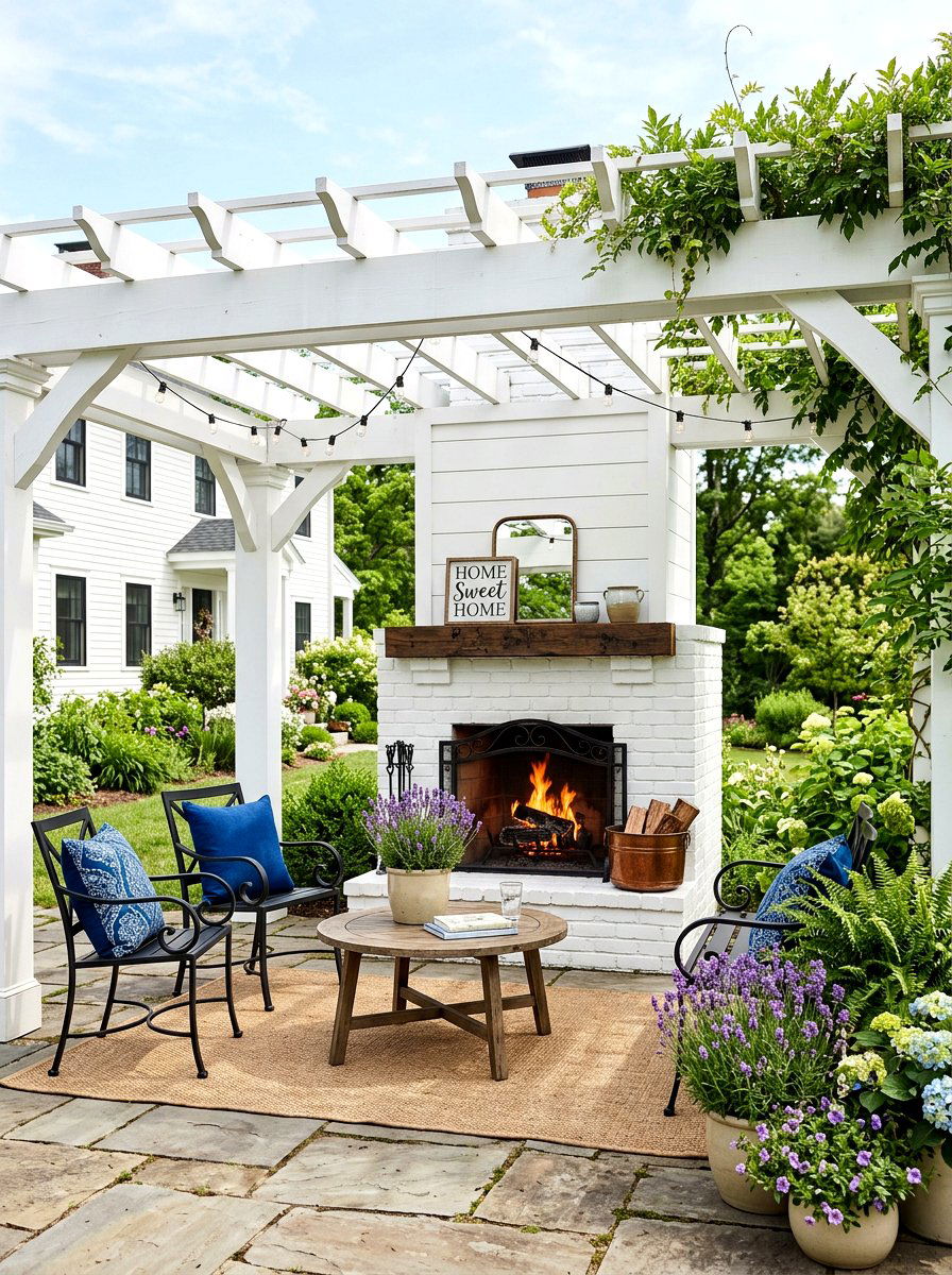 White Farmhouse Pergola Fireplace - 30 pergola with fireplace ideas