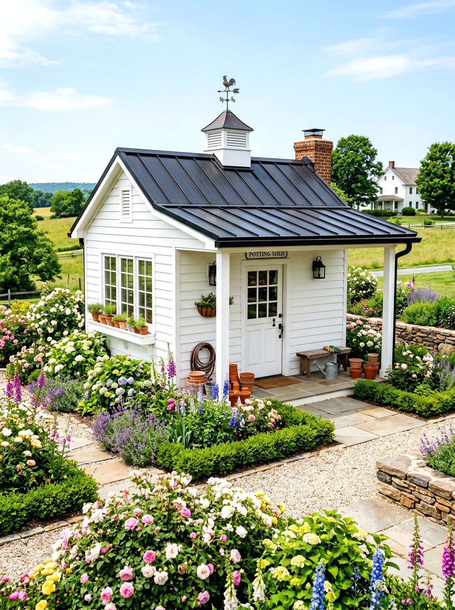 White Farmhouse Potting Shed - 30 potting shed ideas