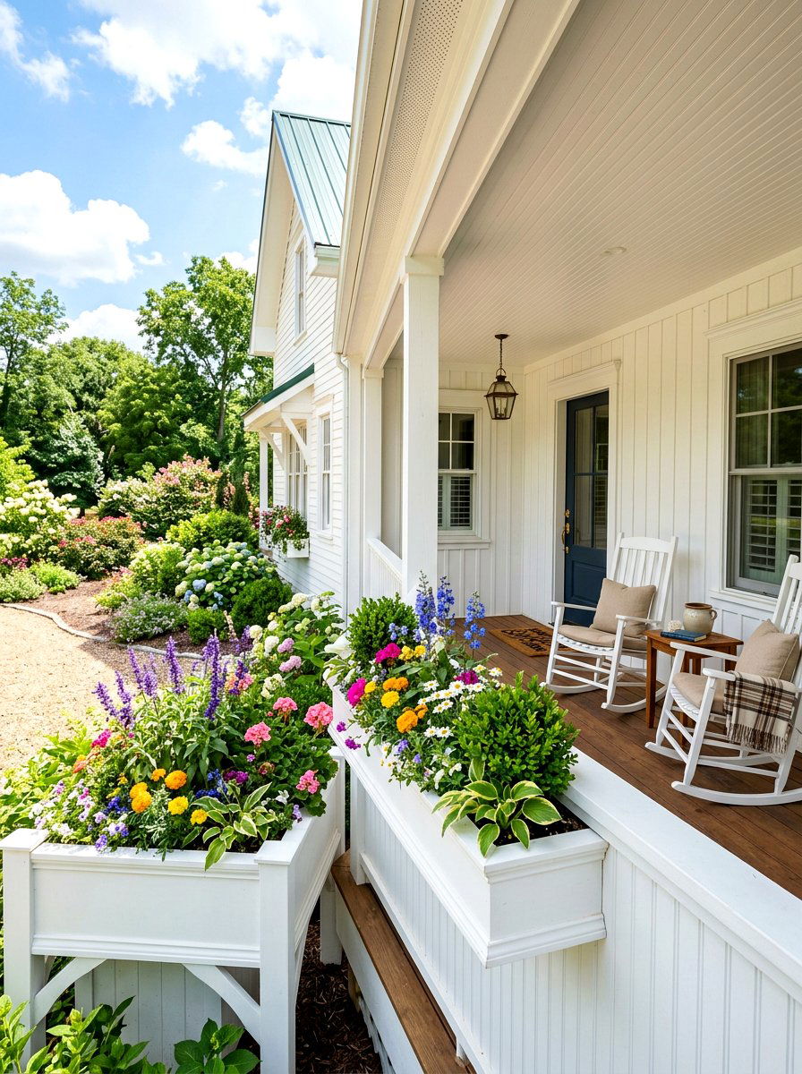 White Farmhouse Railing Box - 30 railing planter box ideas