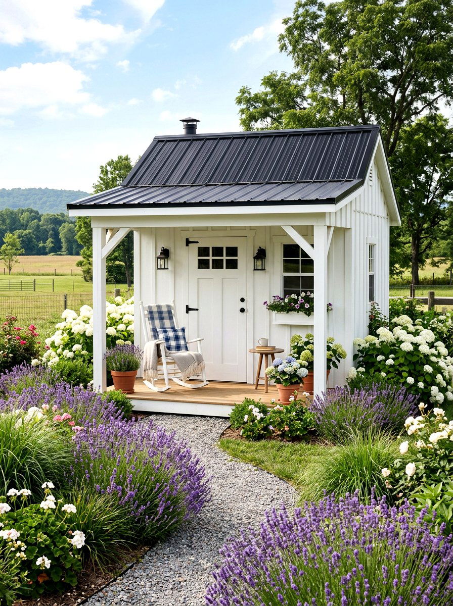 White Farmhouse Shed - 30 garden studio shed ideas