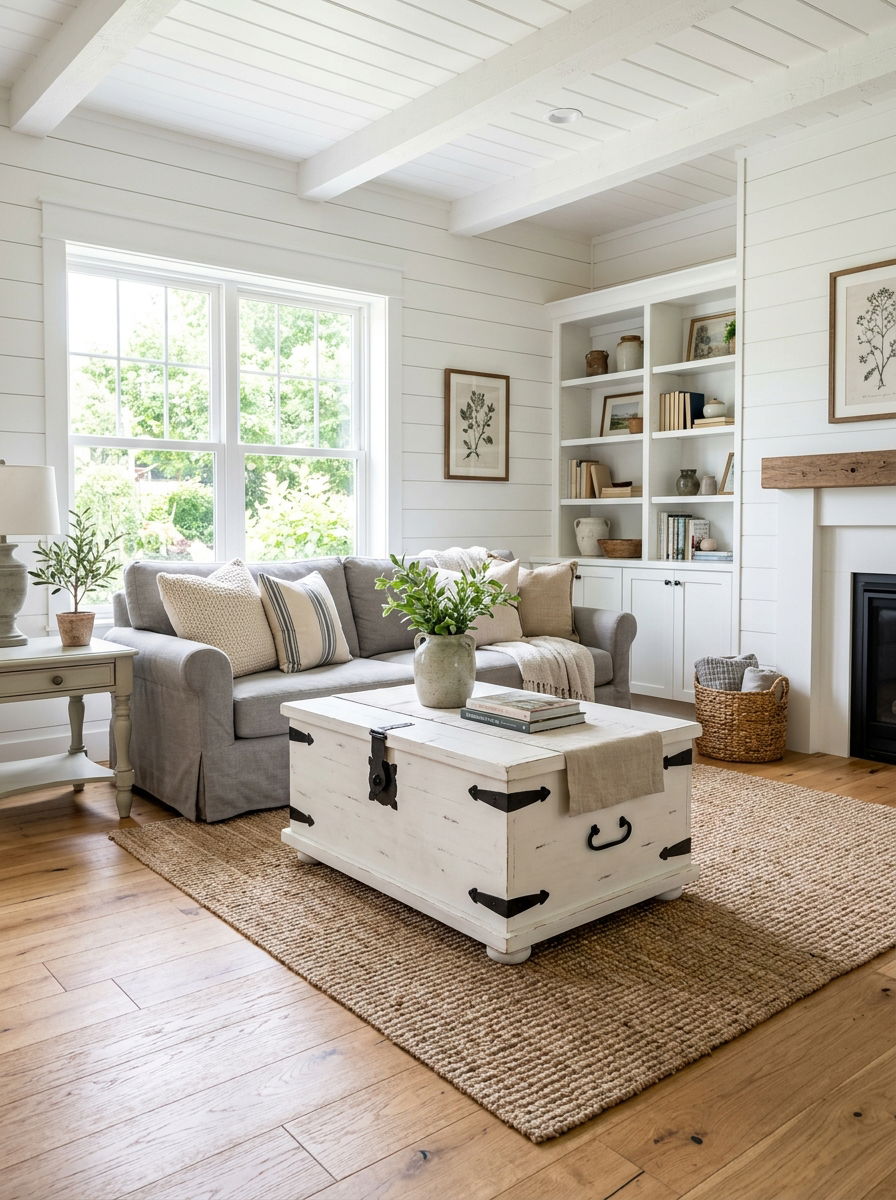 White Farmhouse Trunk - 30 trunk coffee table ideas
