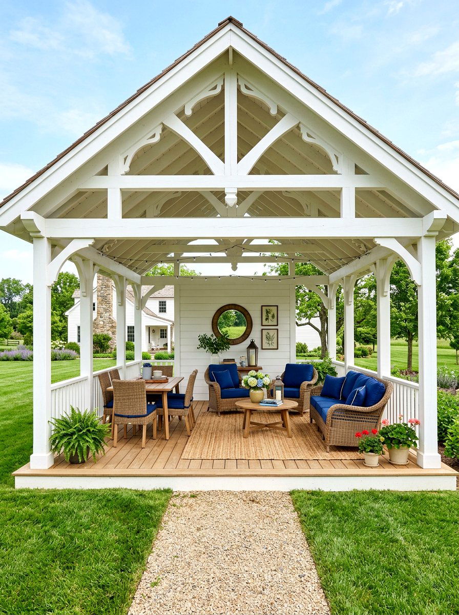 White Farmhouse Wood Pavilion - 30 wood pavilion patio ideas