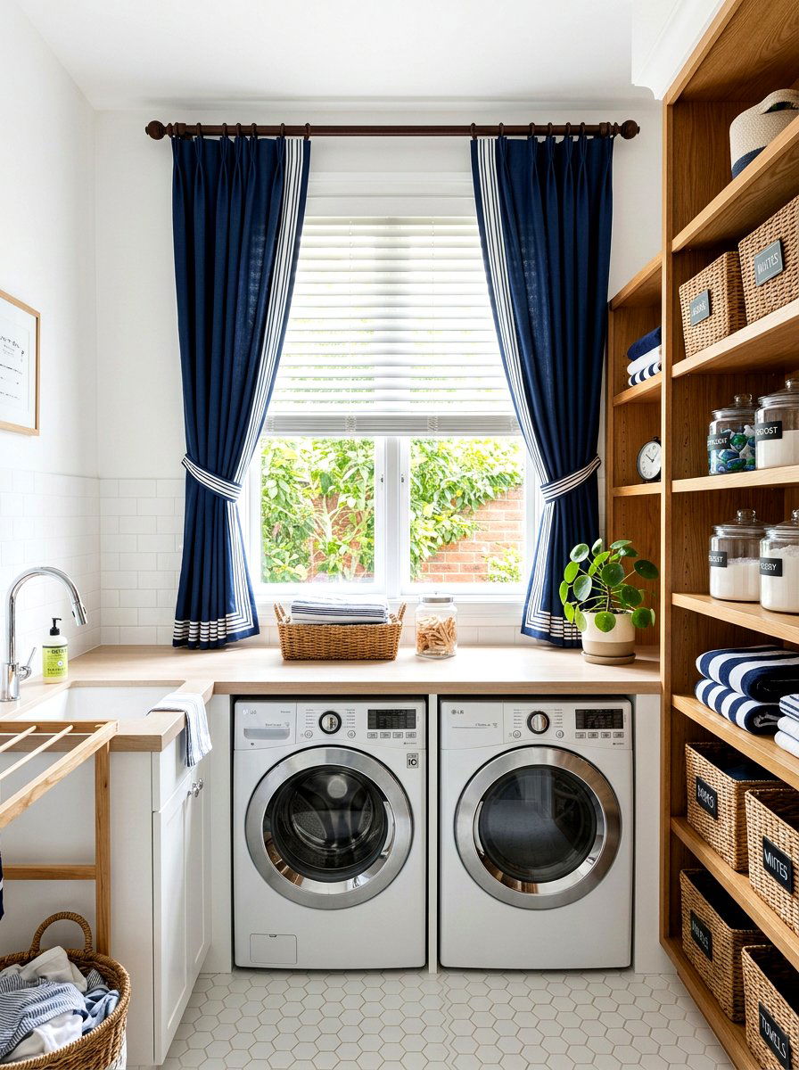 White Faux Wood Blind With Blue Drapes - 30 blind and curtain combo ideas