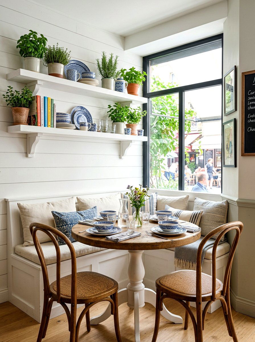 White Floating Shelves Above Banquet - 30 breakfast corner shelves ideas