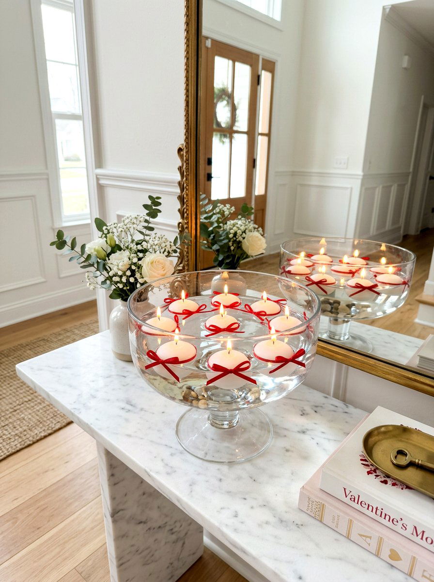 White Floating Valentine Candle With Ribbon Bow - 30 bow and candle Valentine ideas