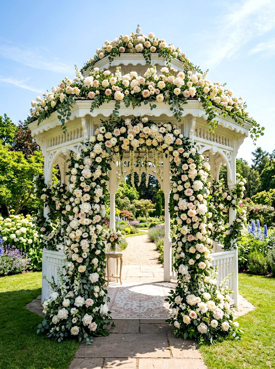 White Floral Gazebo - 30 backyard wedding gazebo ideas