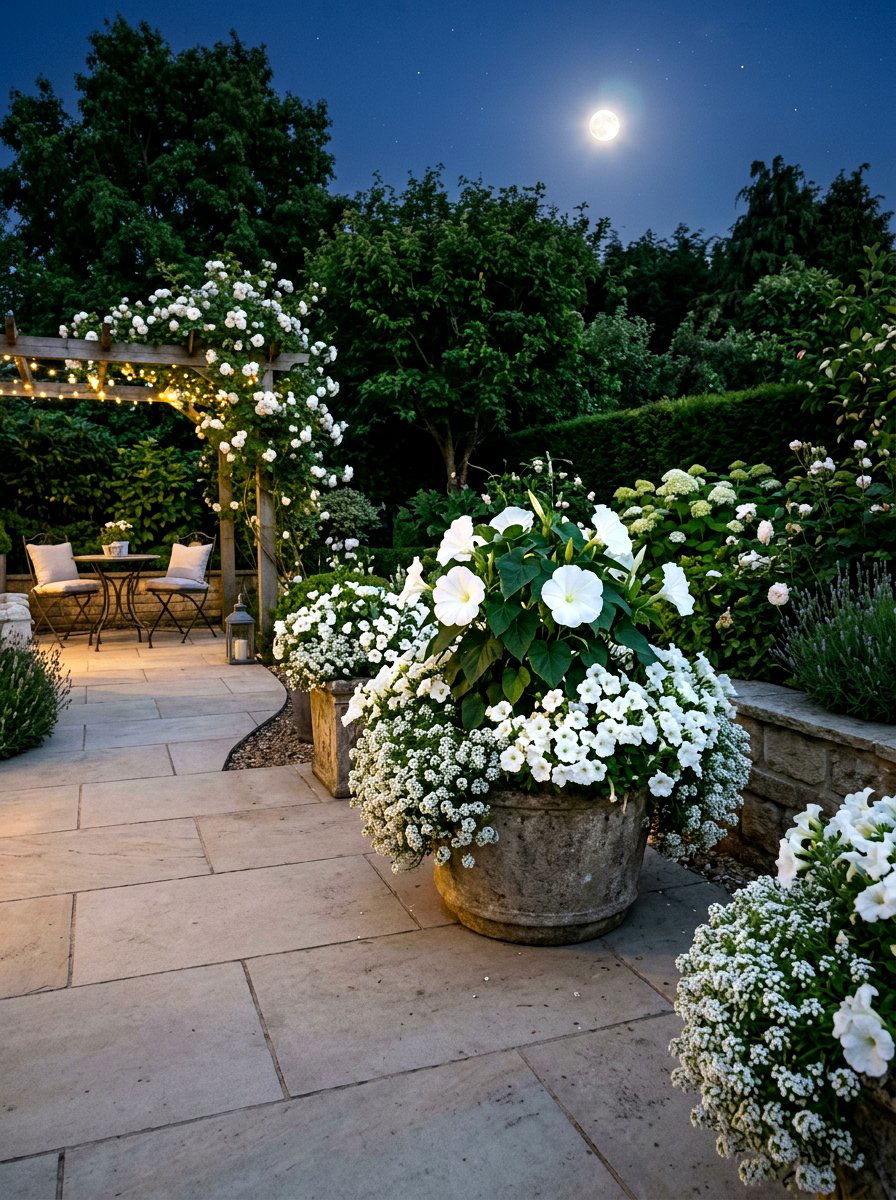 White Flower Patio - 30 moonlight patio garden ideas