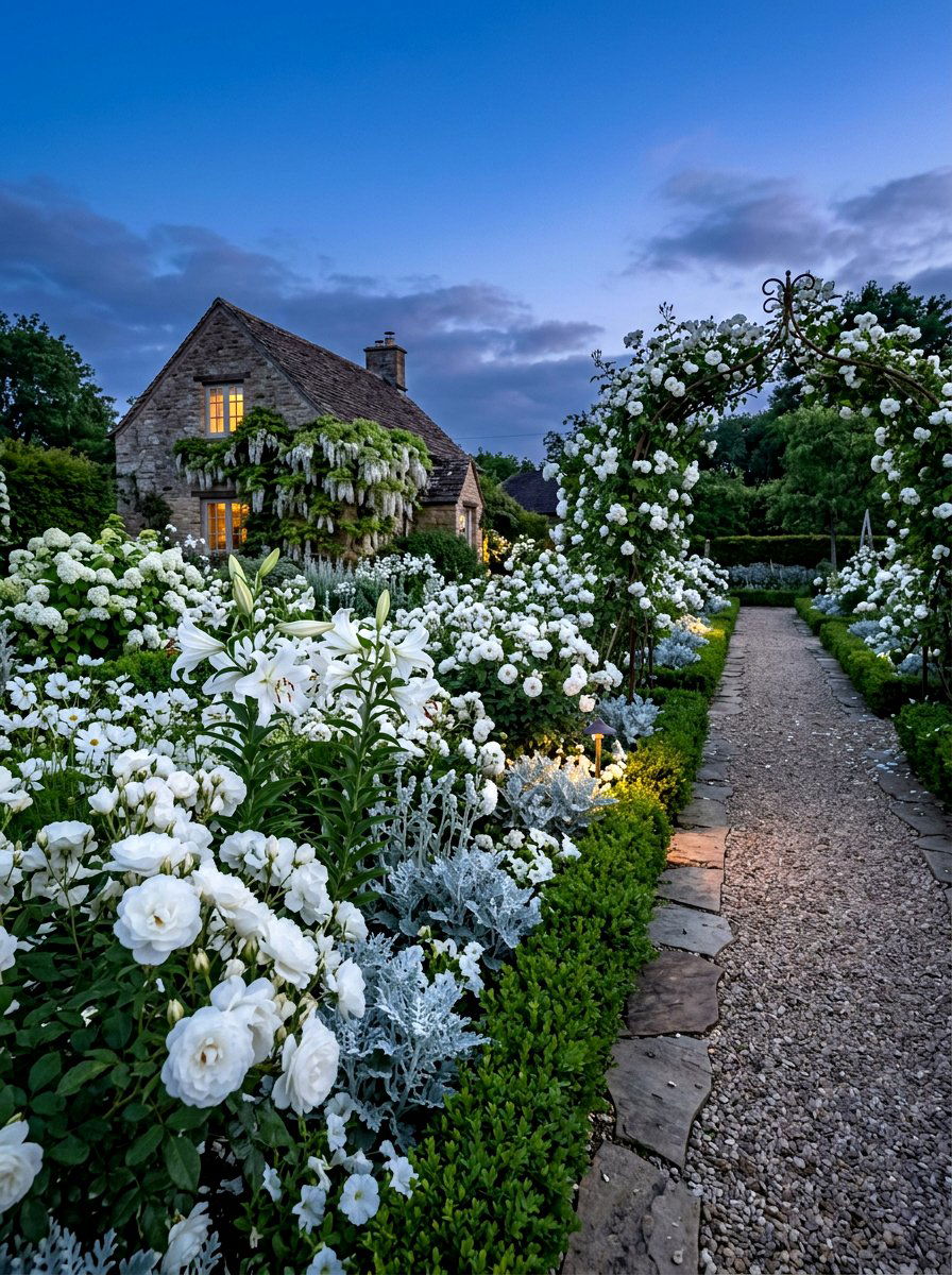 White Flower Theme Garden - 30 front porch flower bed ideas
