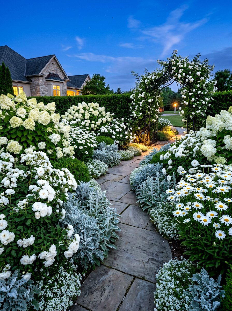 White Flower Theme Garden - 30 cottage front border ideas