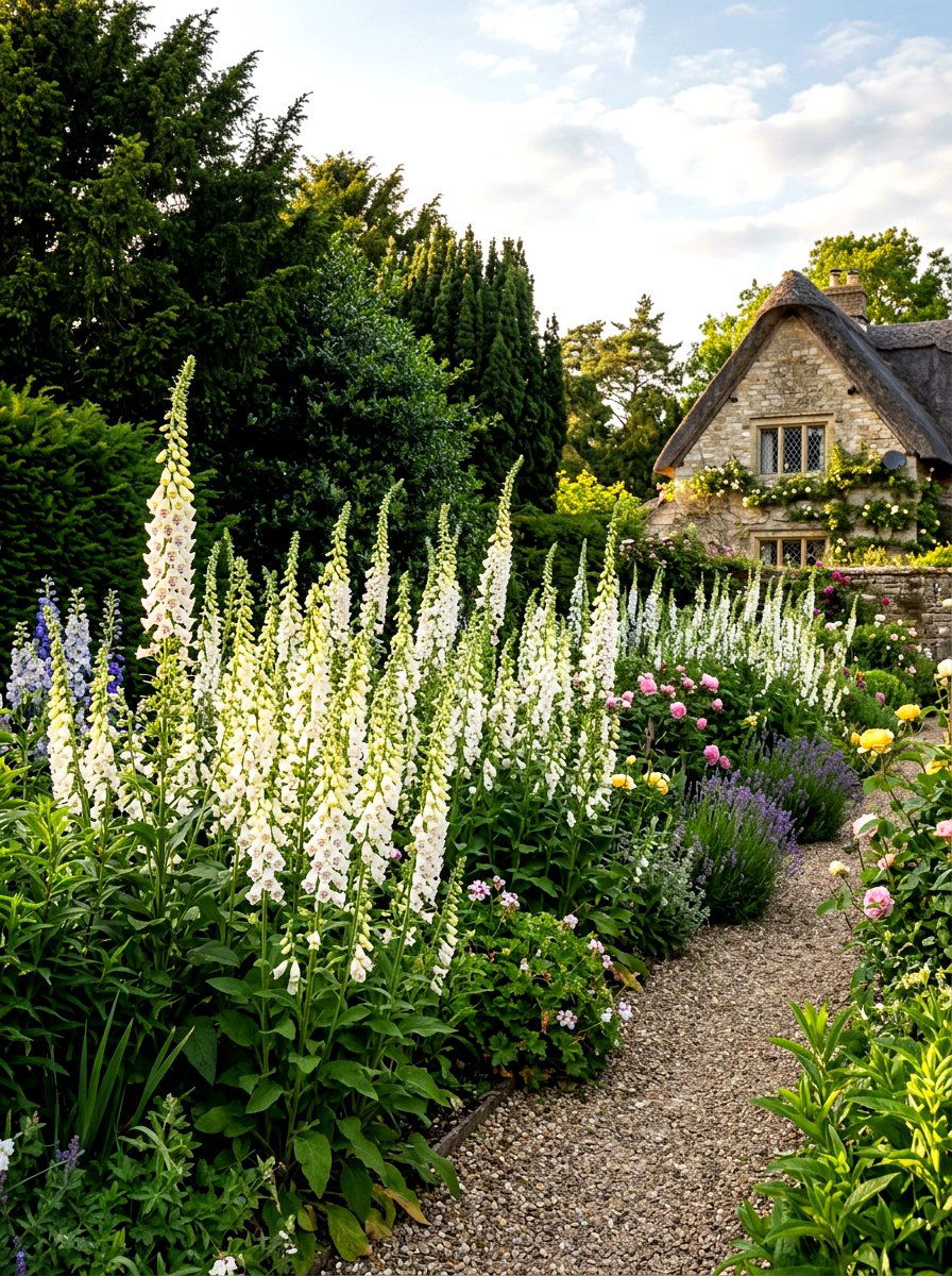 White Foxglove Flower Bed - 30 moonlight white flower border ideas