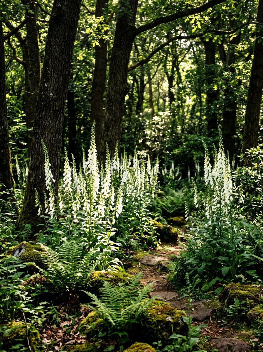 White Foxgloves Wooded Garden - 30 white bloom garden ideas