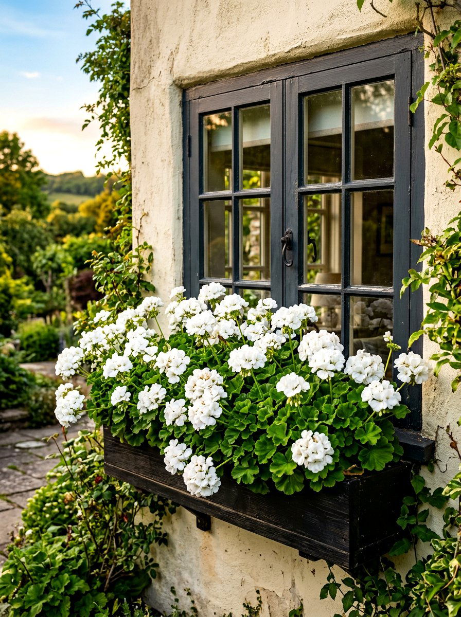 White Geranium Flower Box - 30 moonlight white flower border ideas