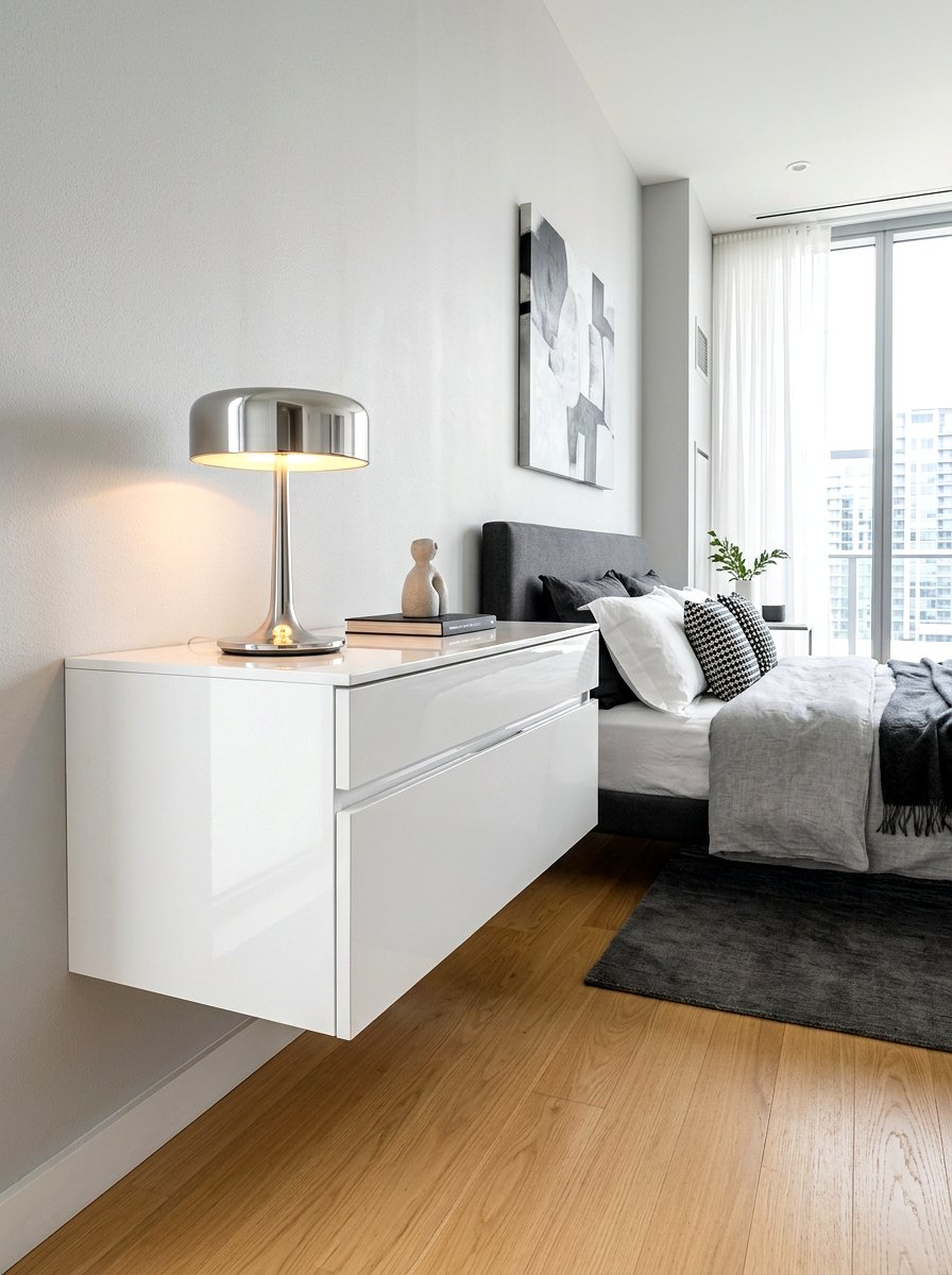 White Gloss Floating Drawer - 30 wall mounted nightstand ideas