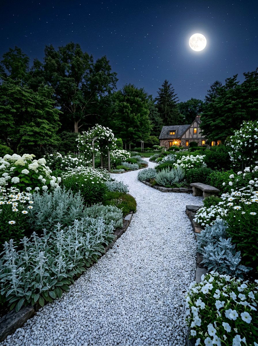 White Gravel Path - 30 moon garden backyard ideas
