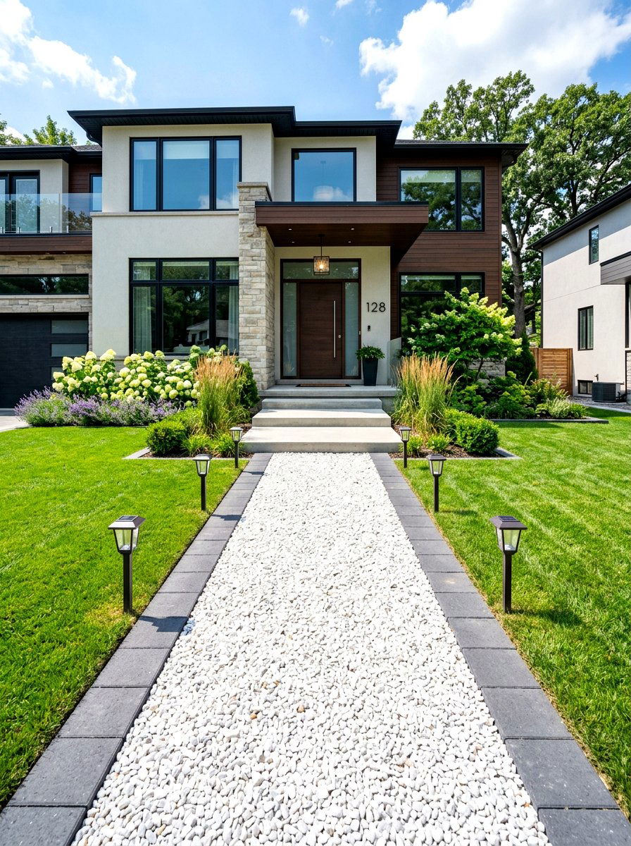 White Gravel Walkway - 30 white gravel front yard ideas