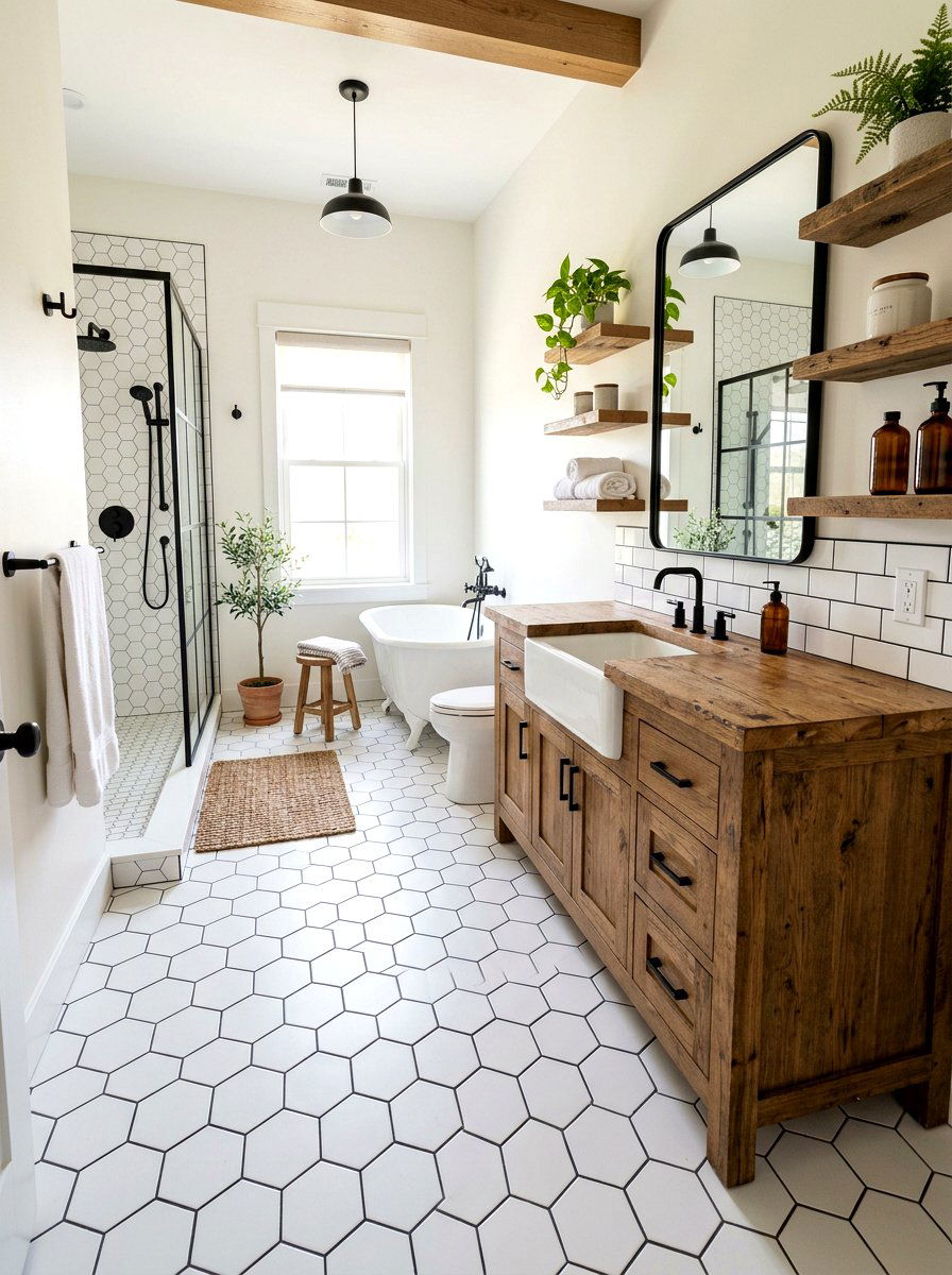 White Hex Tile Bathroom With Black Grout - 30 hex tile bathroom ideas