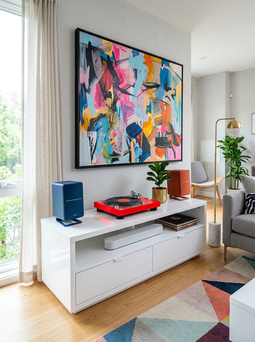White High Gloss Media Stand - 30 vinyl listening corner ideas