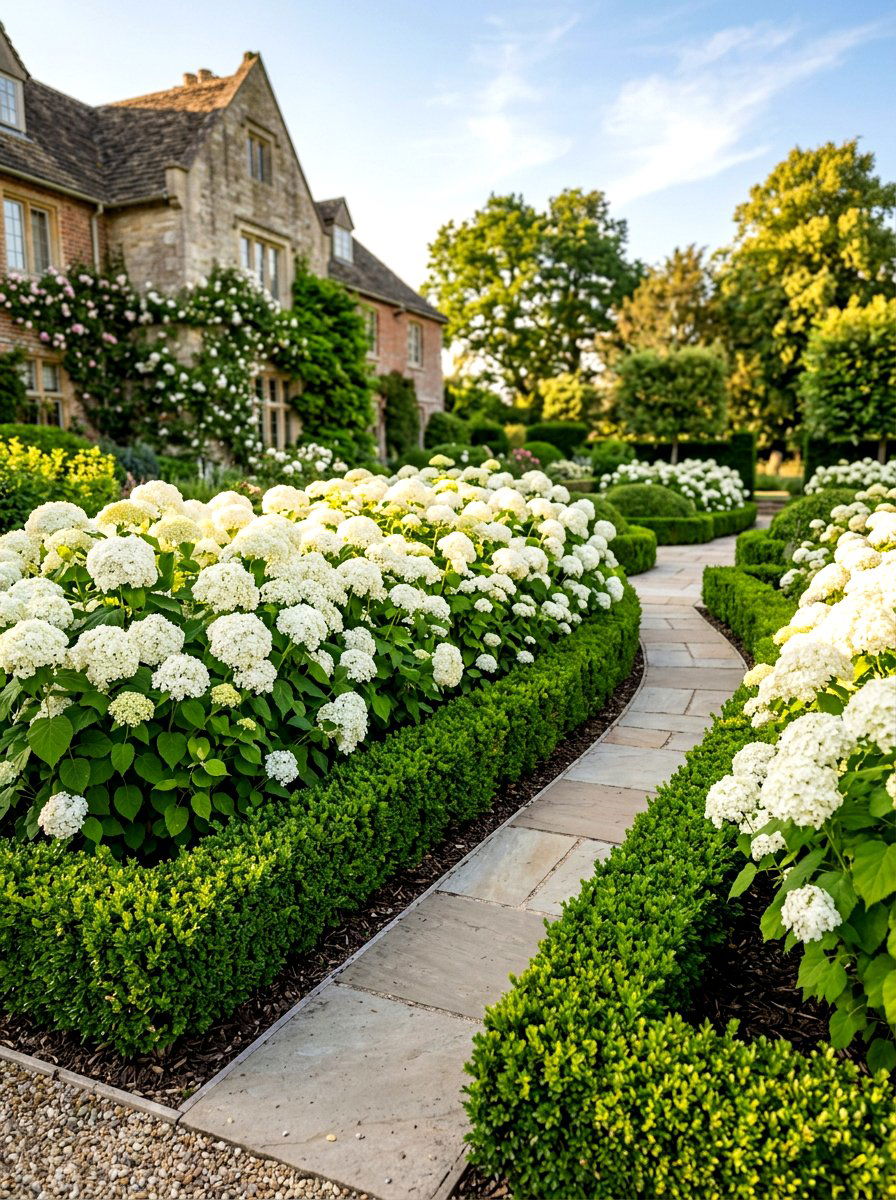 White Hydrangea And Boxwood Hedge - 30 hydrangea garden border ideas