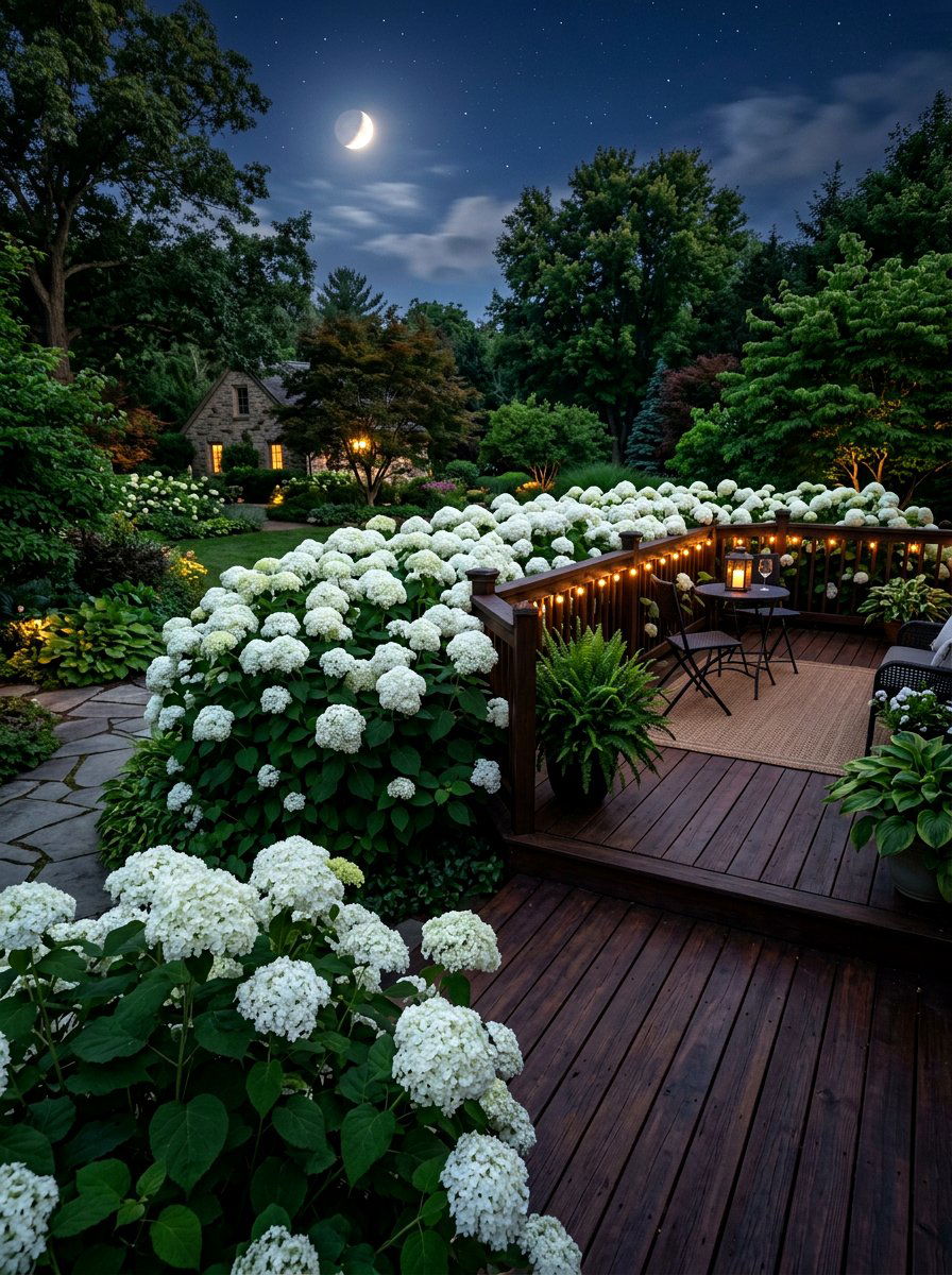 White Hydrangea Border - 30 moonlight patio garden ideas