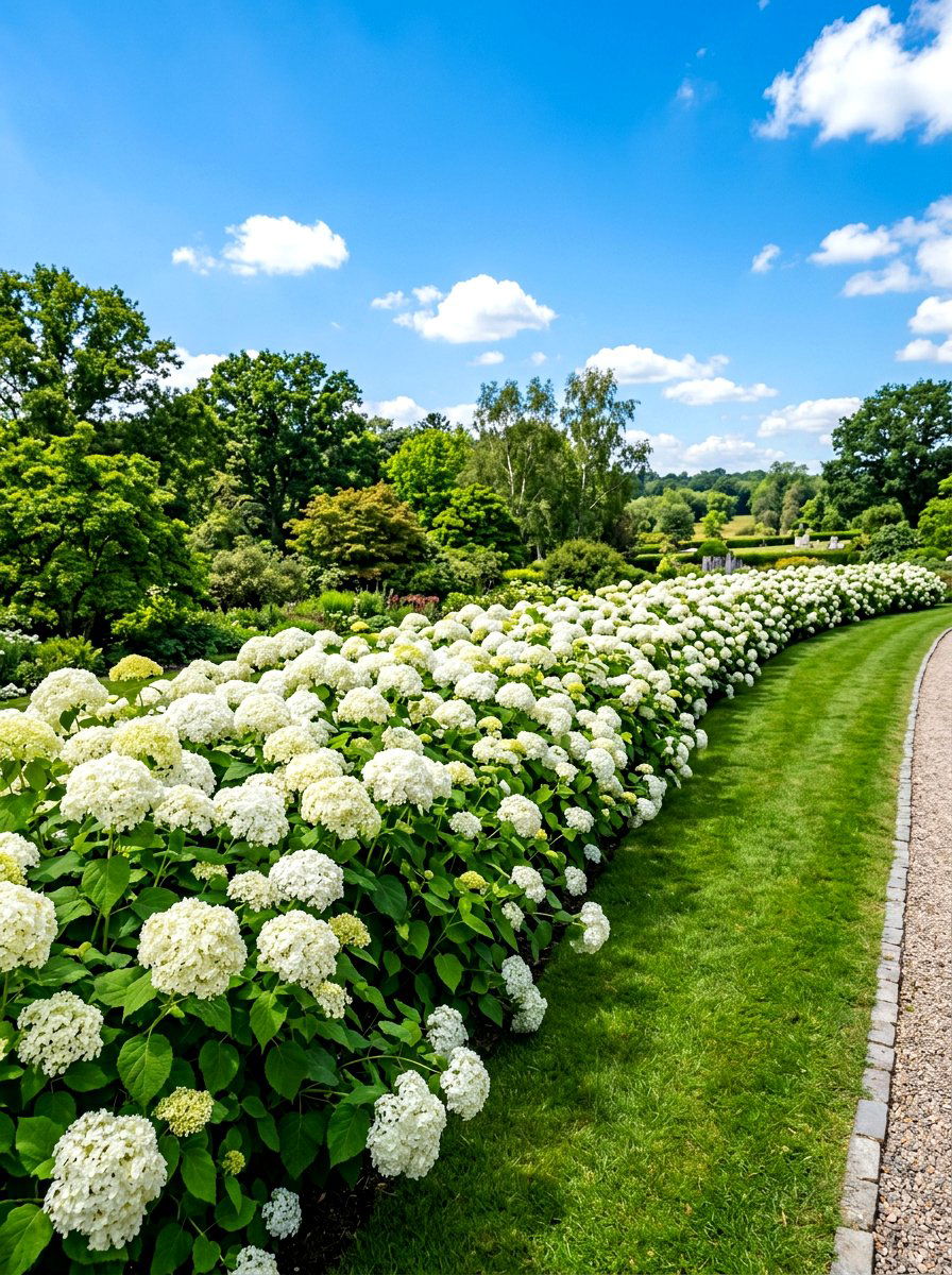 White Hydrangea Border - 30 white flower garden ideas