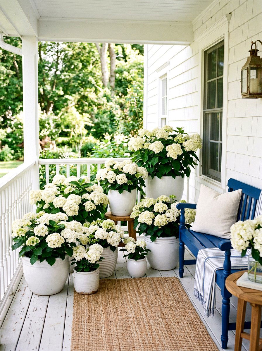 White Hydrangea Container Garden - 30 coastal prep porch ideas
