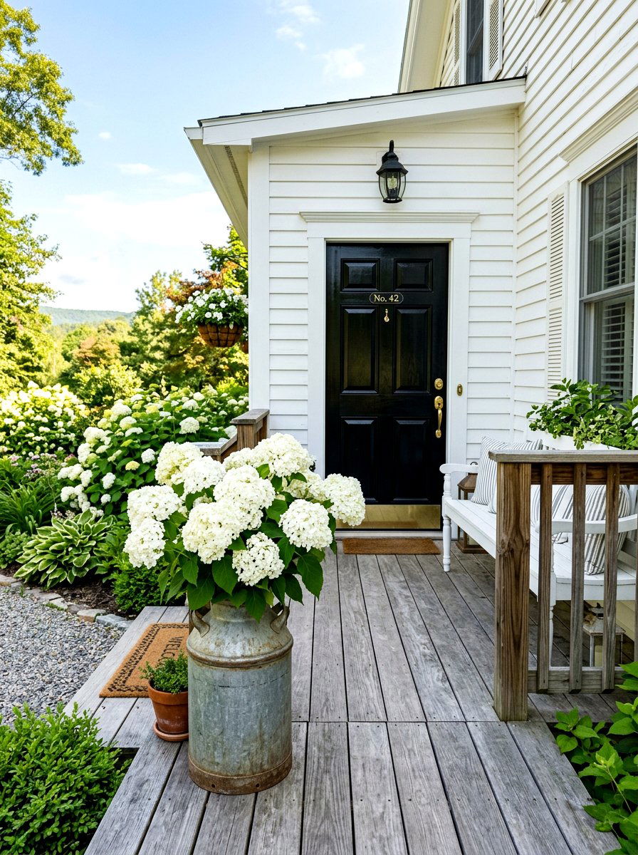 White Hydrangea Farmhouse Style - 30 front porch hydrangea ideas
