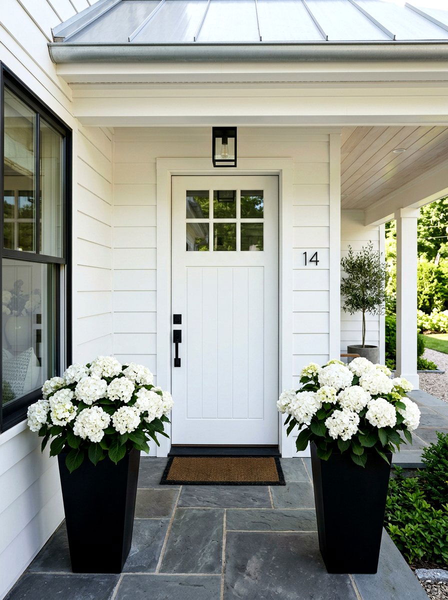 White Hydrangea Porch Arrangement - 30 hydrangea porch planter ideas