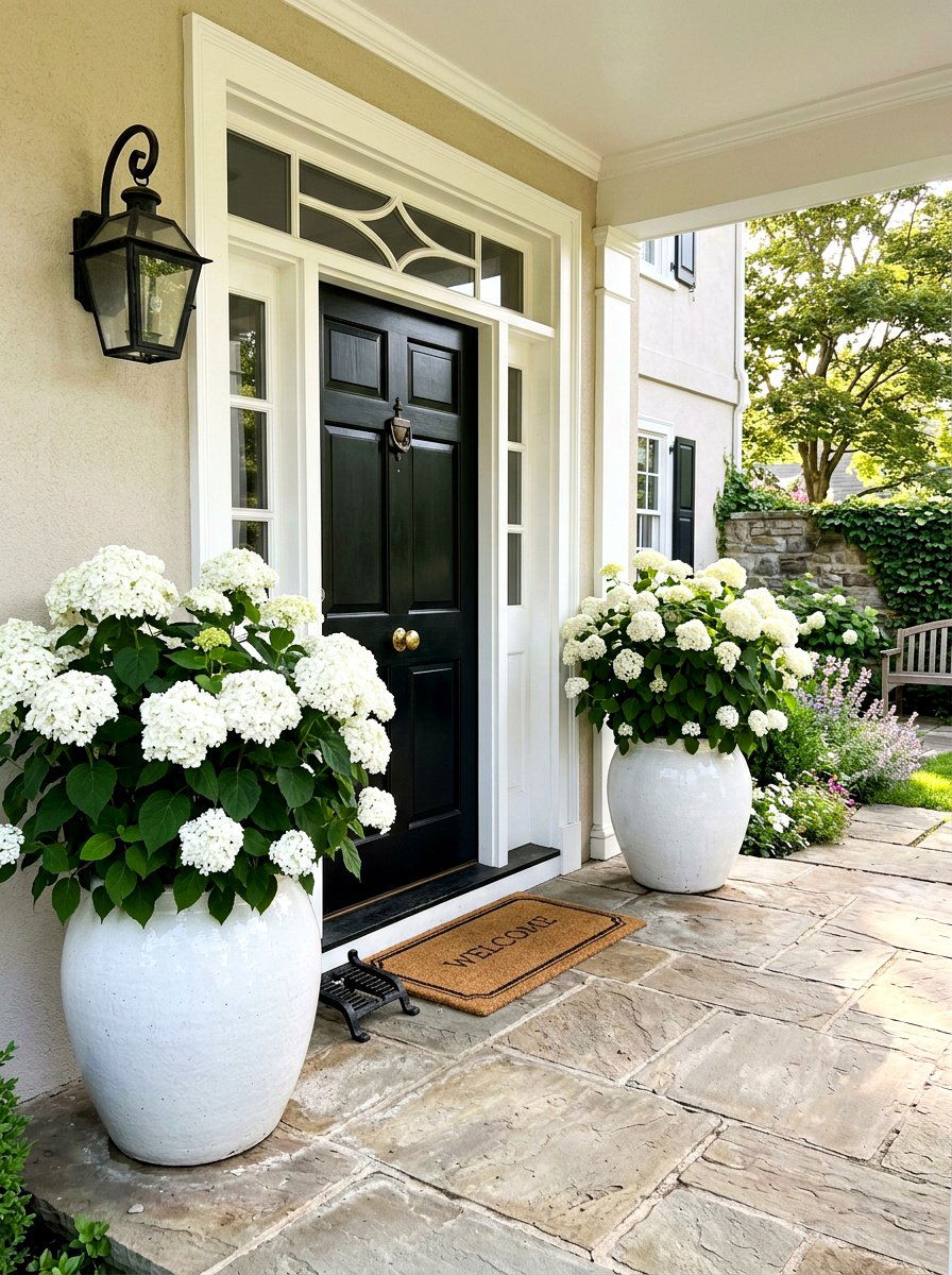 White Hydrangea Potted Entryway - 30 front porch hydrangea ideas