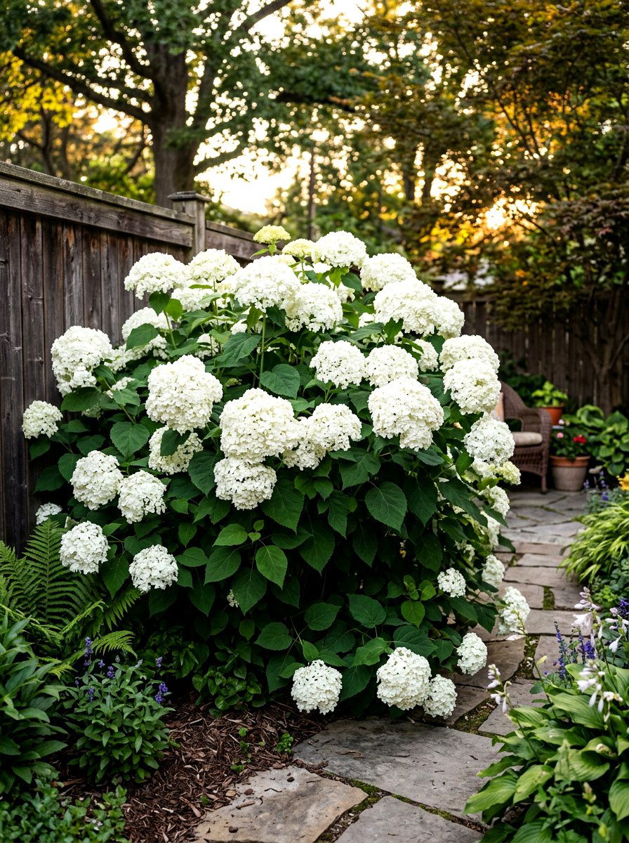 White Hydrangea Shrub - 30 moon garden backyard ideas