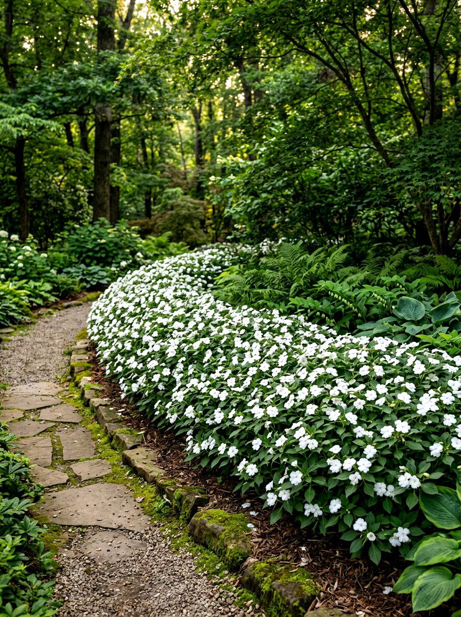 White Impatiens Shade Garden - 30 moonlight white flower border ideas