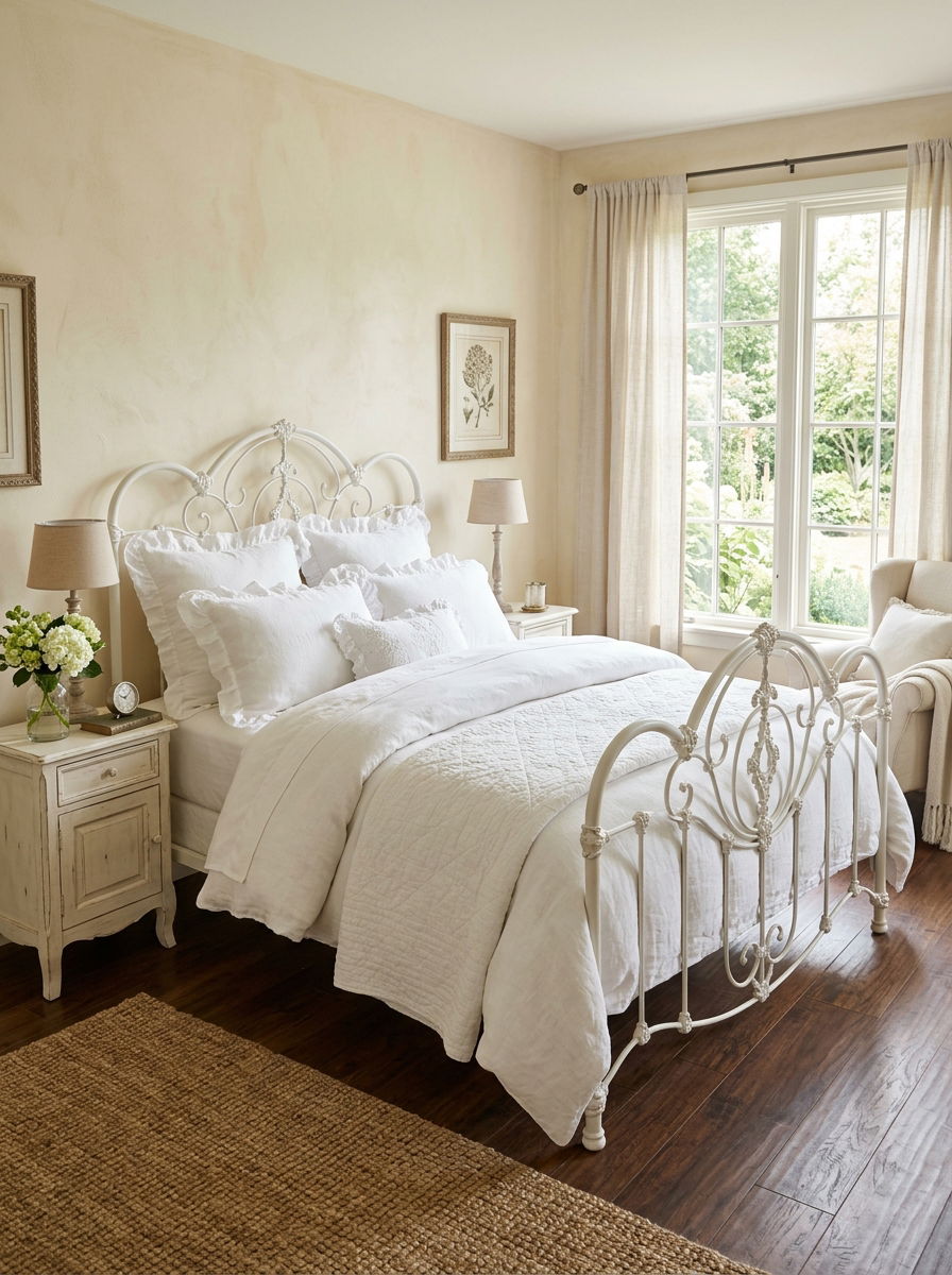 White Iron Bed - 30 soft vintage bedroom ideas