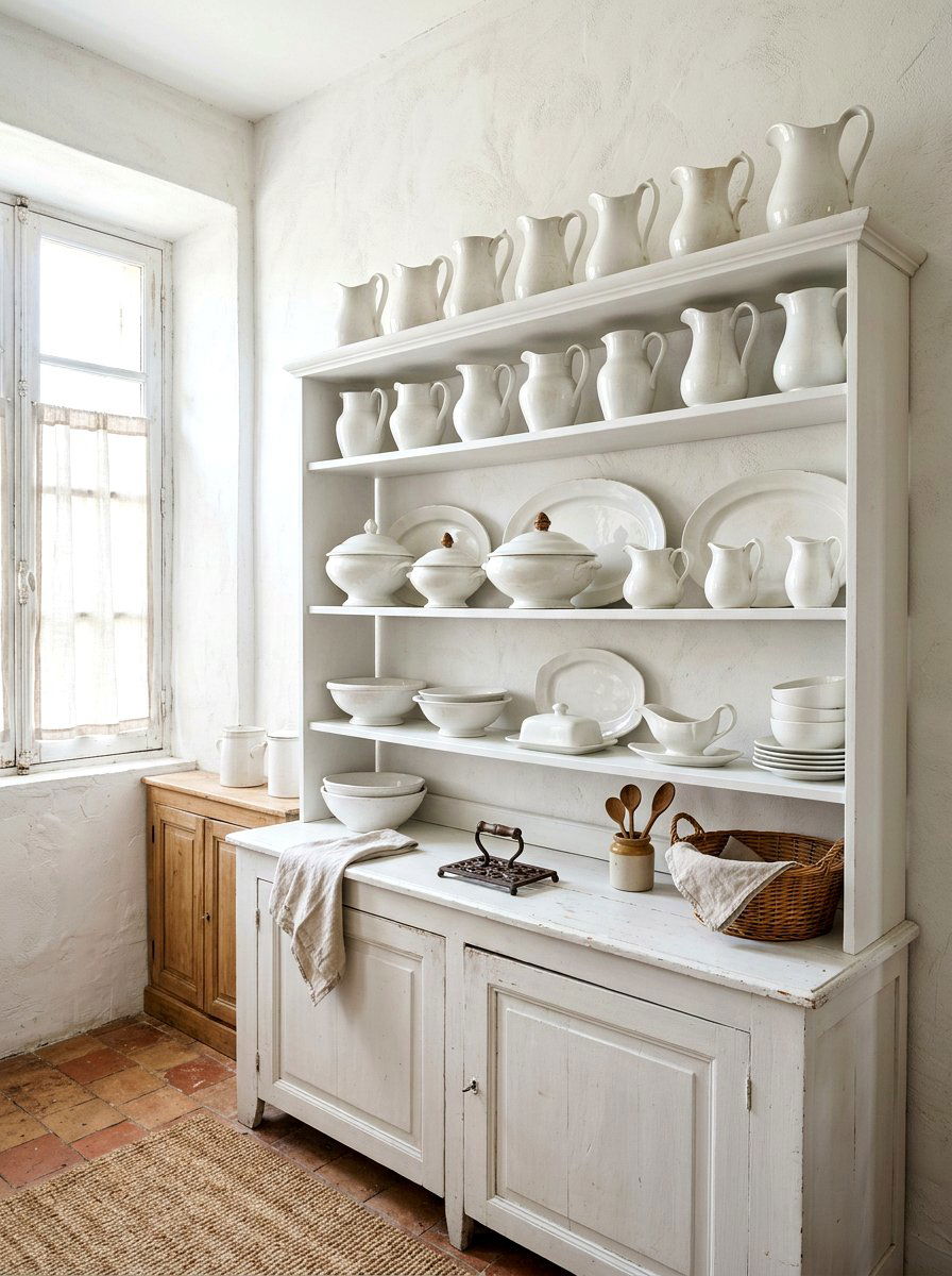 White Ironstone Display Shelf - 30 French cottage kitchen shelf ideas