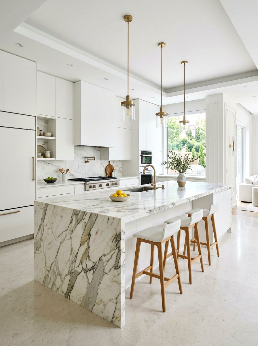 White Kitchen Waterfall Island - 30 white kitchen ideas