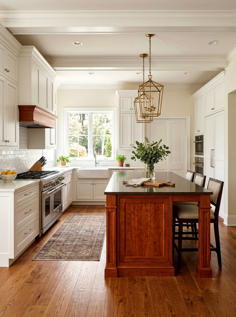 White Kitchen With Cherry Wood Contrast - 30 white and wood kitchen ideas