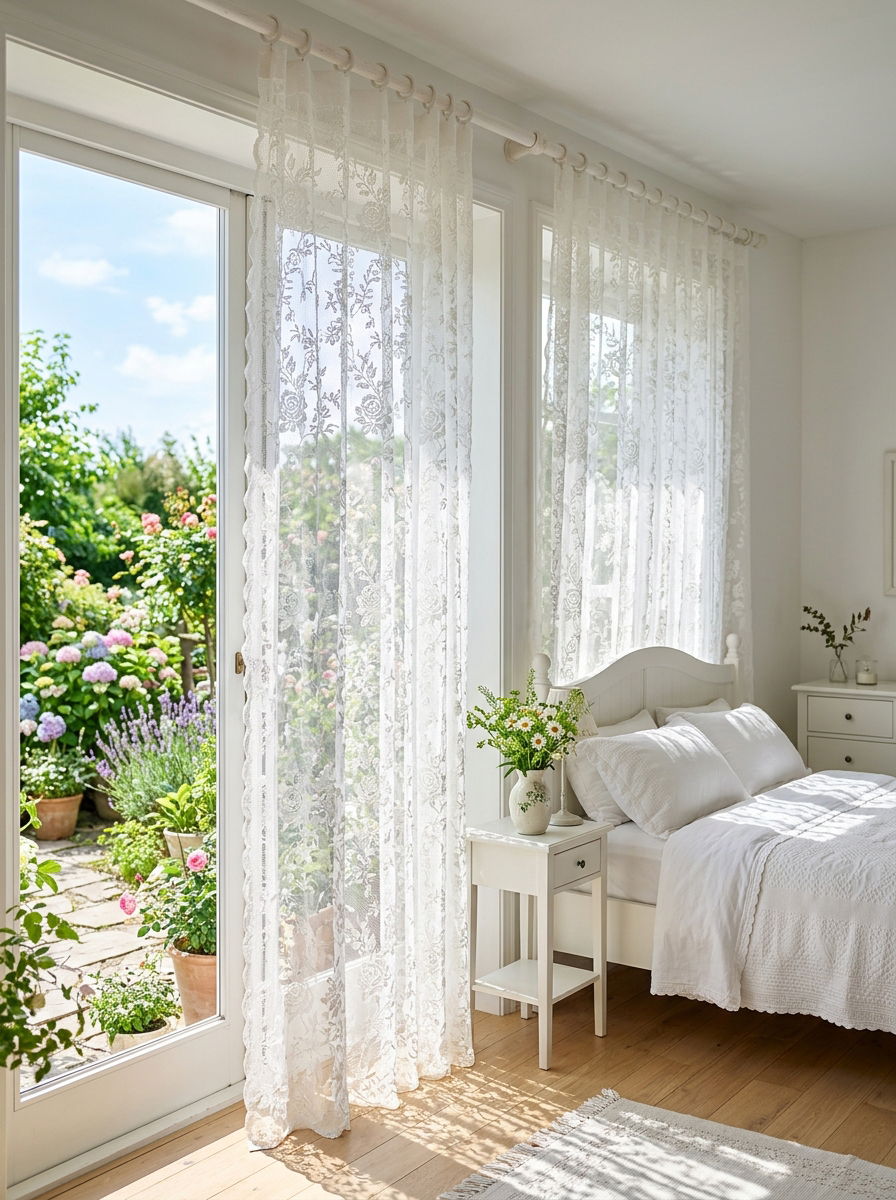 White Lace Curtains - 30 soft vintage bedroom ideas