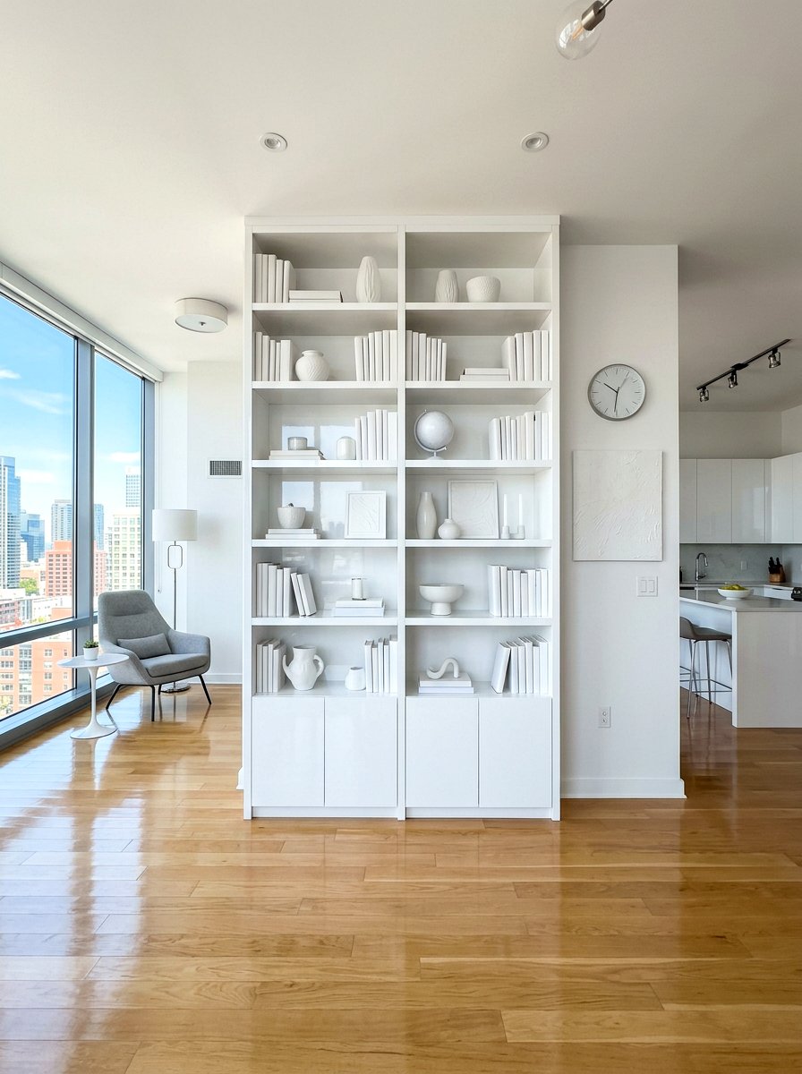White Lacquer Modern Bookshelf - 30 bookshelf divider apartment ideas