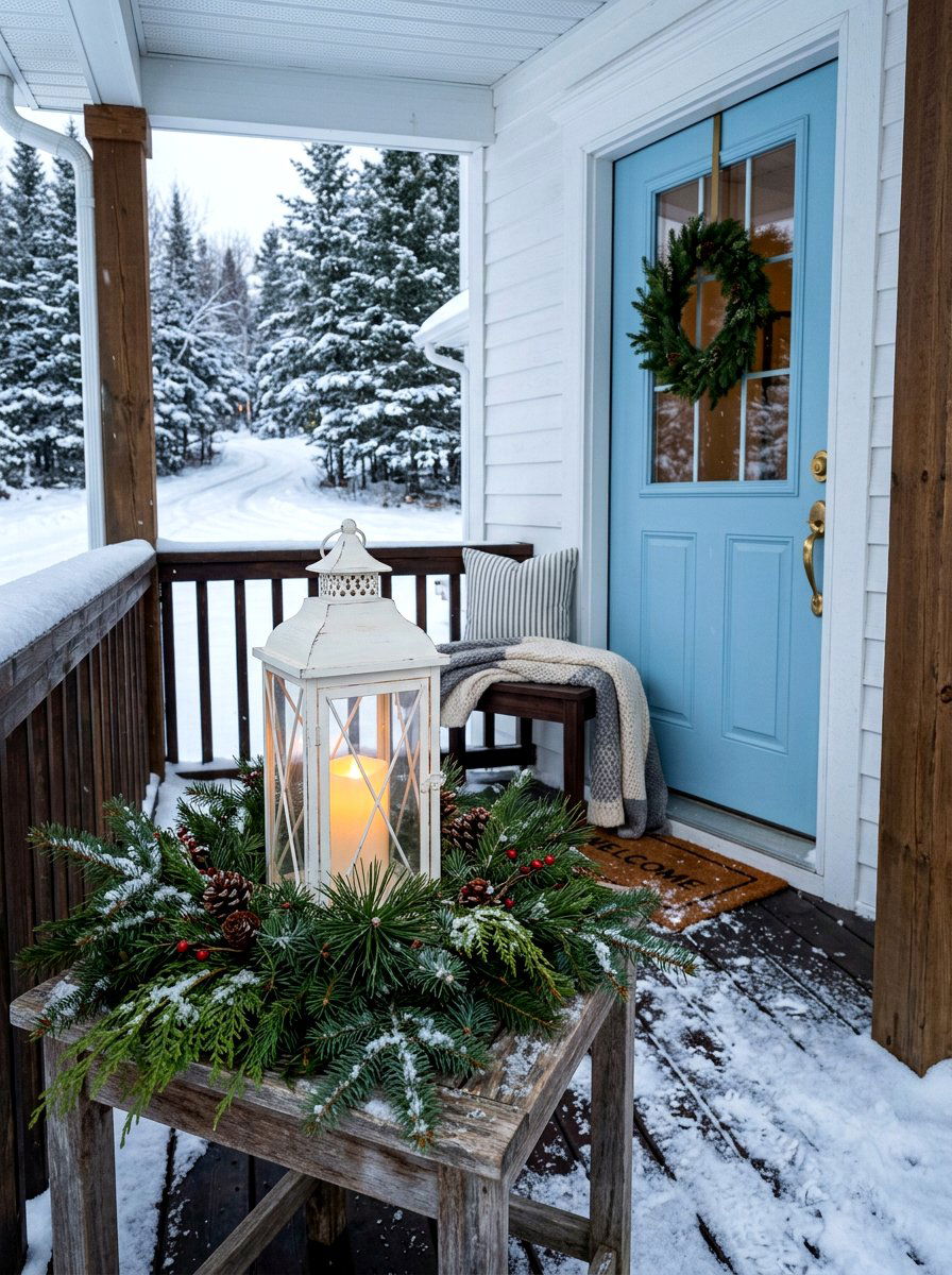 White Lantern With Evergreen Branches - 30 winter porch lantern ideas