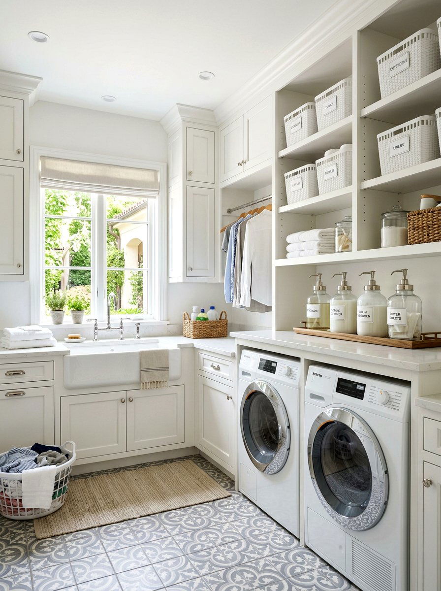 White Laundry Room Cabinets - 30 detergent shelf ideas