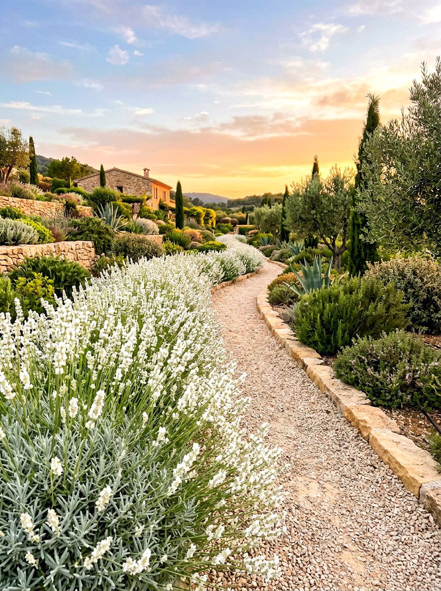 White Lavender Garden Edge - 30 moonlight white flower border ideas