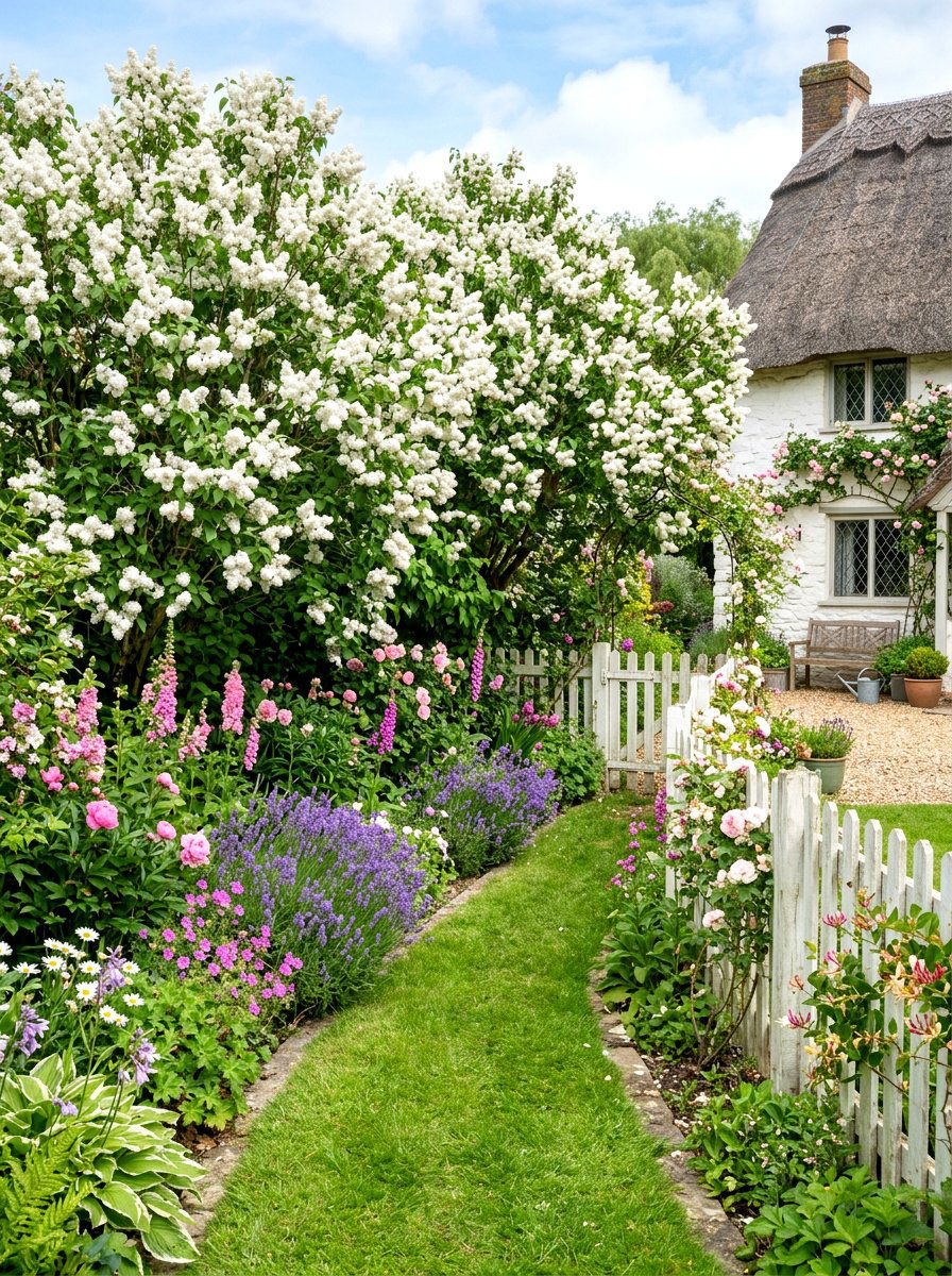 White Lilac Cottage Garden - 30 pastel flower bed ideas