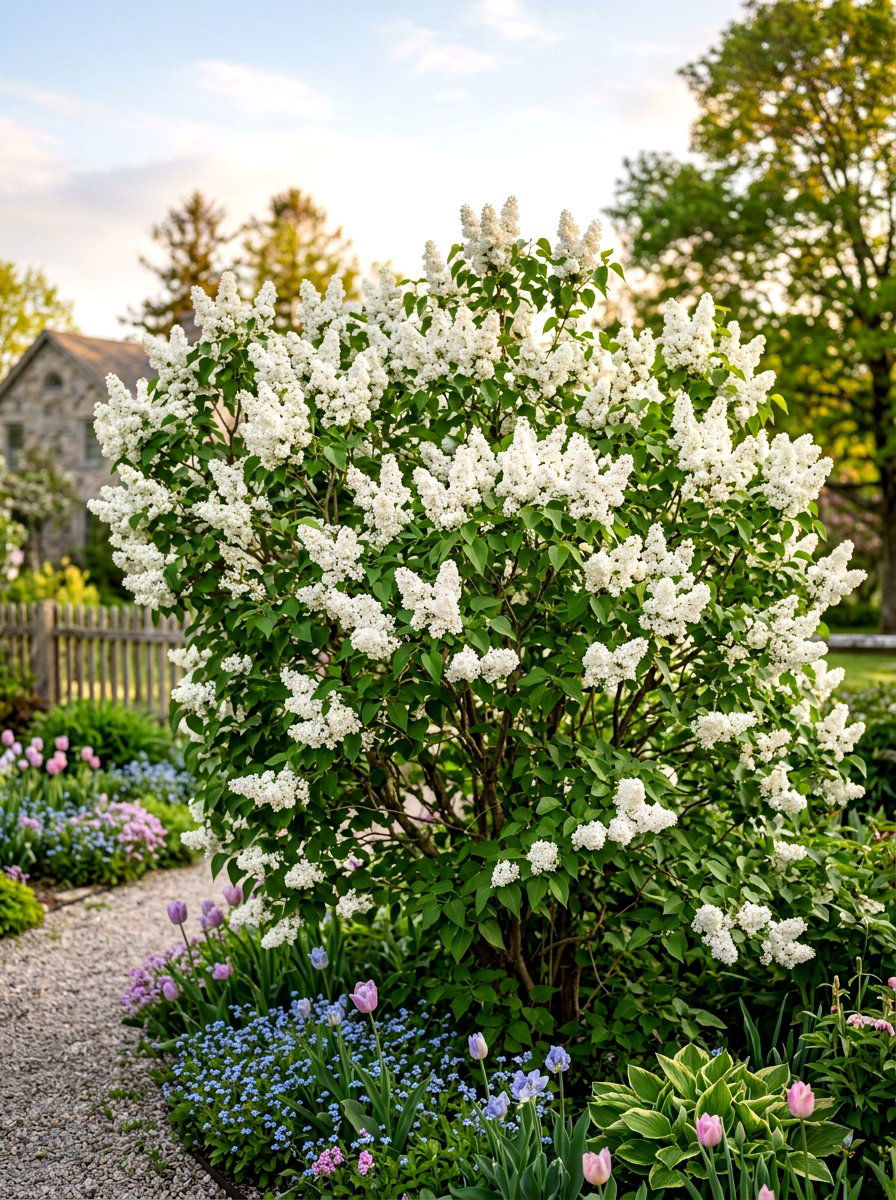 White Lilac Garden Shrub - 30 moonlight white flower border ideas