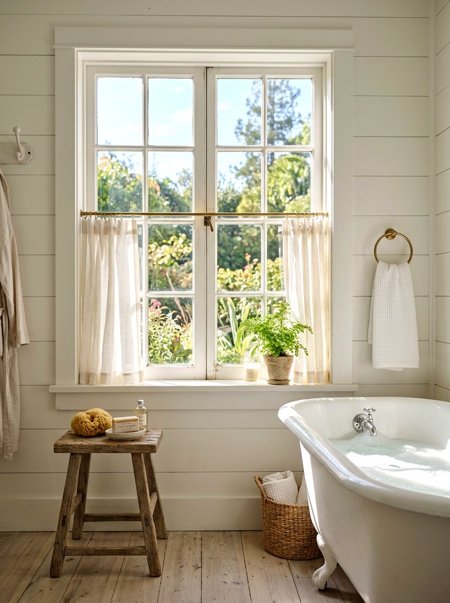 White Linen Cafe Curtains Window - 30 French country bathroom ideas