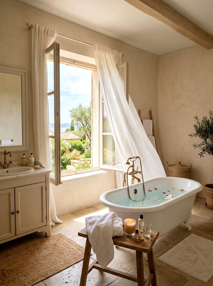 White Linen Curtains - 30 seaside bathroom ideas
