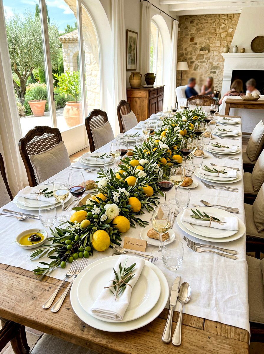 White Linen Tablecloth - 30 lemon and olive summer tablescape ideas